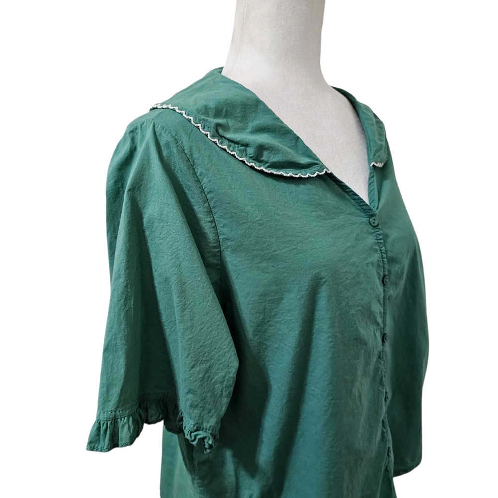 Vintage Green Blouse Short Sleeve Lightweight Romantic Peter Pan Collar - Picture 6 of 13